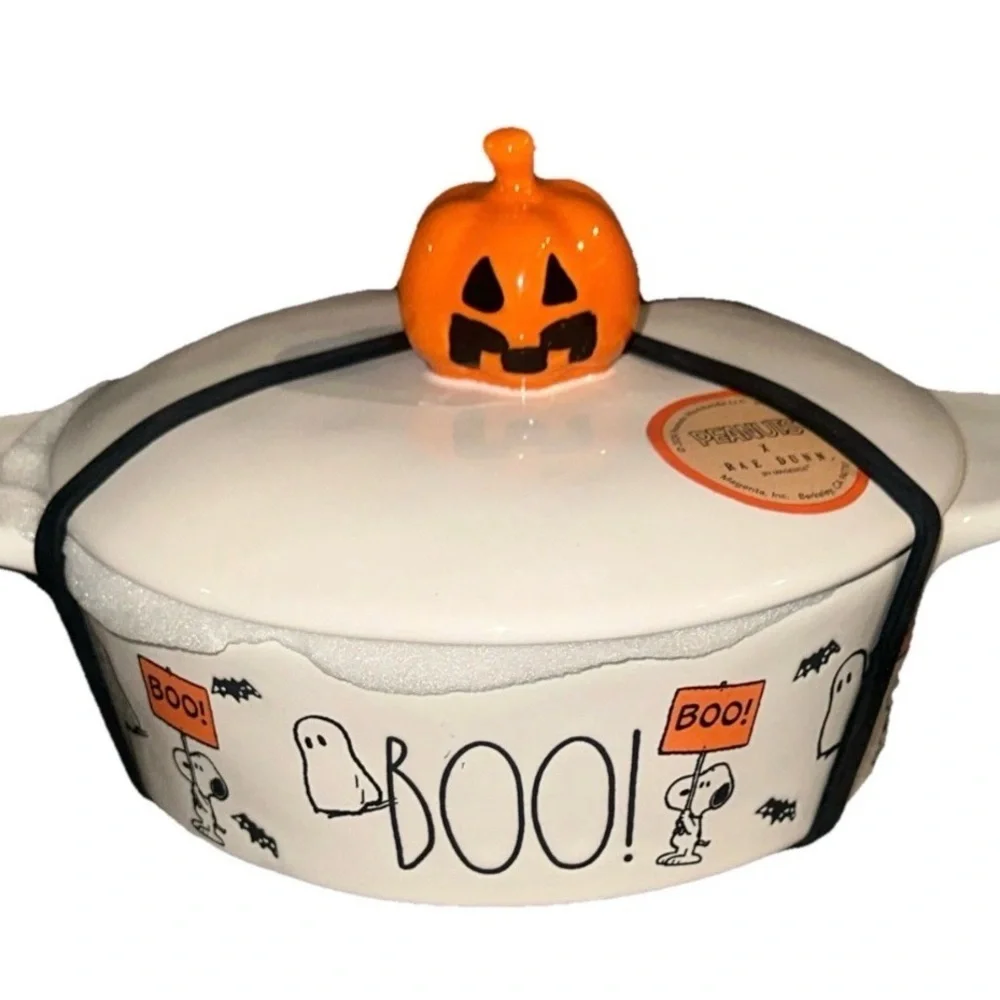 Rae Dunn Peanuts Halloween Snoopy Brie Baker Baking or Candy Dish with Lid NEW